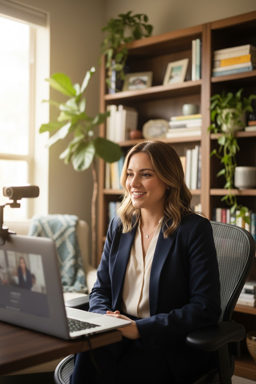 A professional woman in a navy blazer sits at a desk in a home office, smiling while participating in a video call on her laptop.