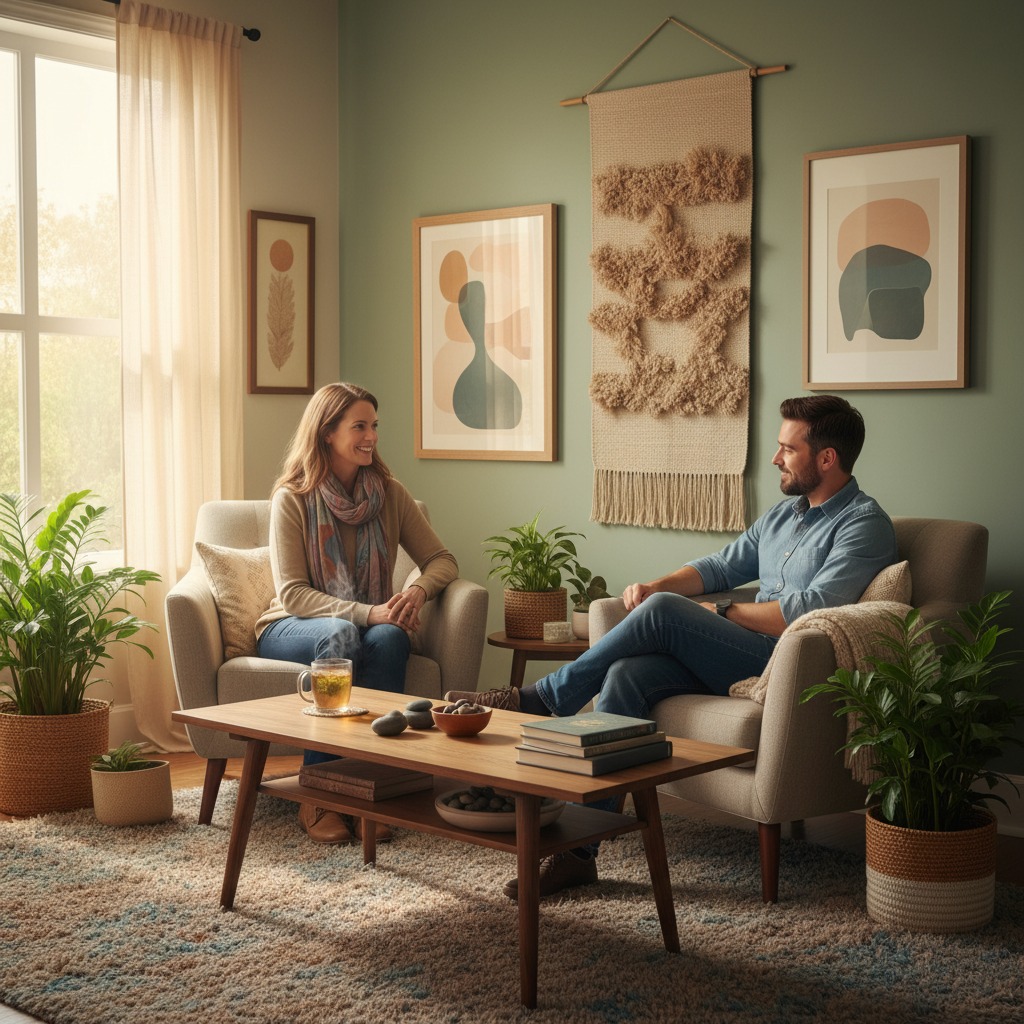 A man and a woman sit in armchairs facing each other in a sunlit living room decorated with plants and abstract wall art.